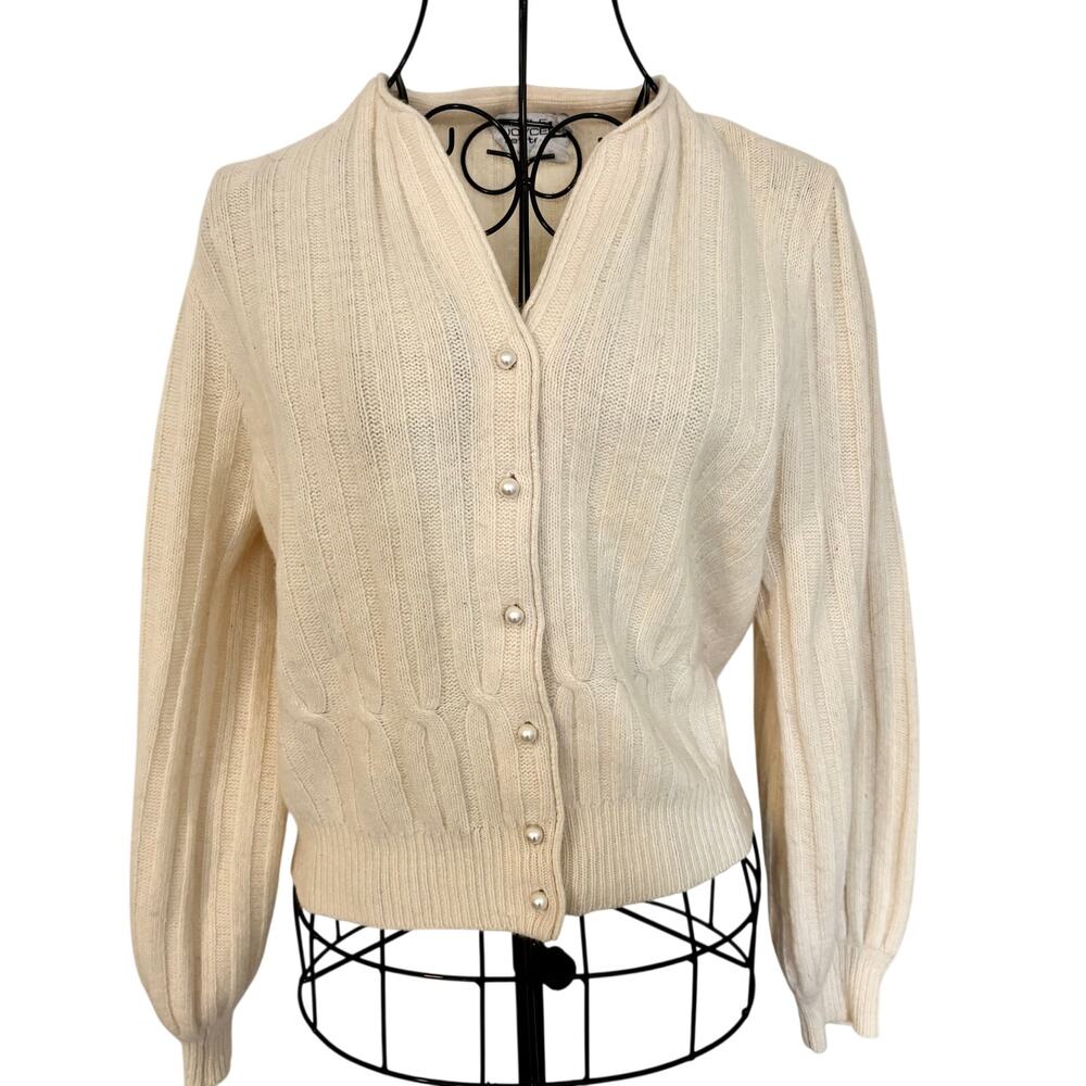 Vintage 80's Adele Joyce Angora Lambswool Ribbed Knit Cardigan Sweater Ivory